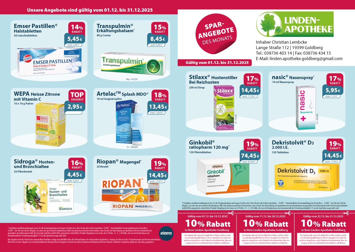 Aktuelle Monatsangebote Ihrer Apotheke Monatlicher Angebotsflyer der Apotheke mit Informationen zu Öffnungszeiten, Leistungen, Aktionen und wechselnden Produkten aus Gesundheit und Pflege.